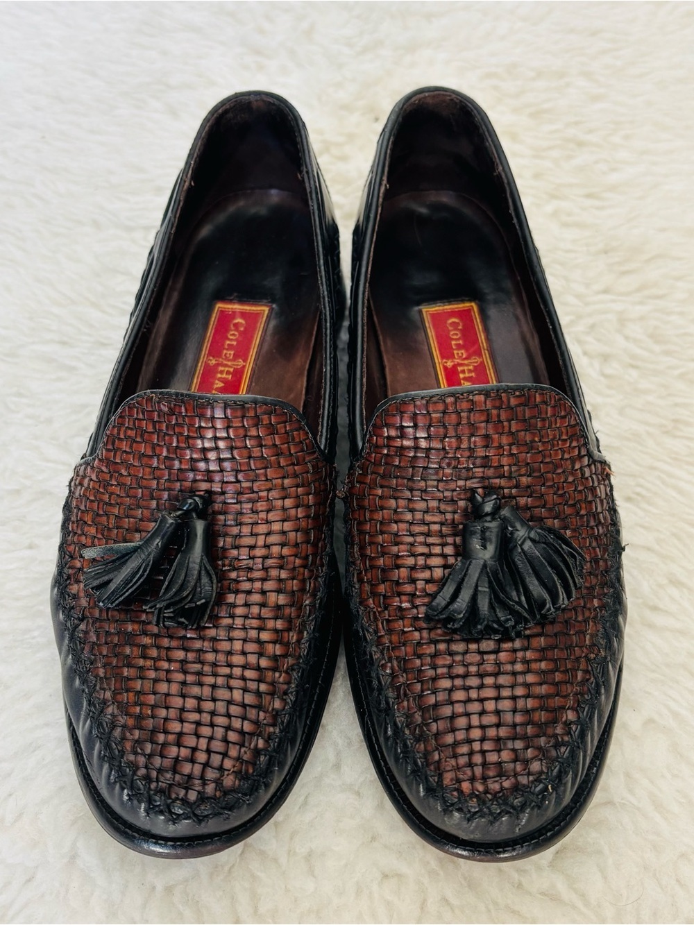 Cole Haan Brown Woven Black Leather Tassel Slip-On Loafers size 7 B